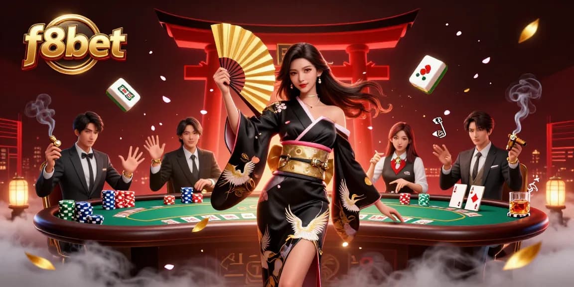 Experience thrilling gameplay at f8bet with a captivating 3D casino illustration featuring a stunning Asian woman and vibrant poker elements.