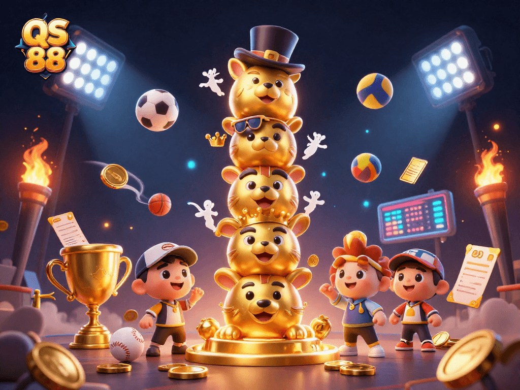 Experience thrilling gaming action with QS 88's 3D casino-themed illustration featuring dynamic elements and characters.