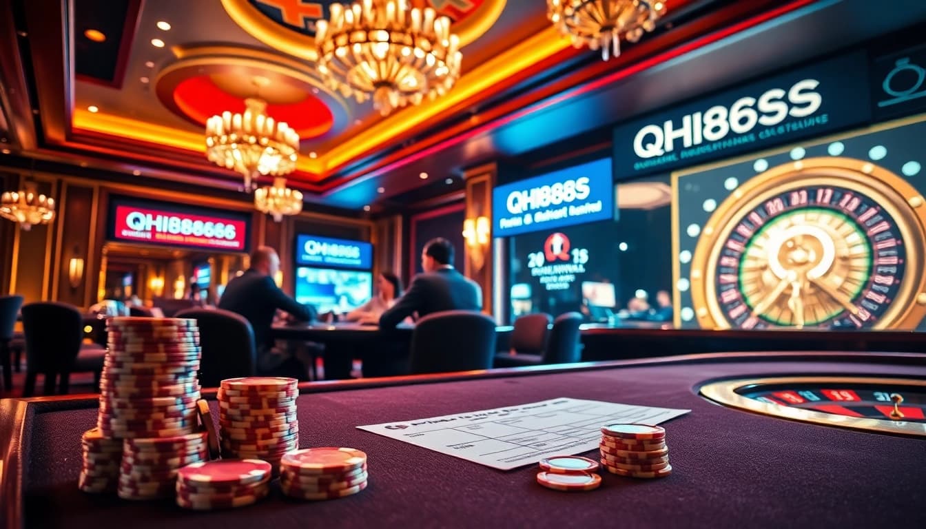 Players engaging in high-stakes poker at QH88 casino, showcasing excitement and luxurious decor.