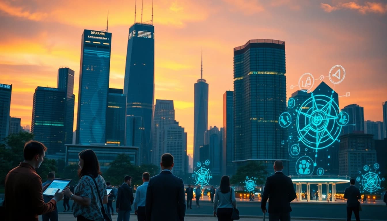 Digitale Zukunft mit Menschen, die interaktive digitale Interfaces in einer futuristischen Stadt nutzen.