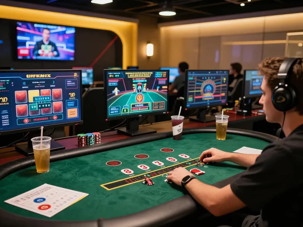 Playing blackjack online at alo8 with multiple screens showcasing live dealer action in a cozy setup