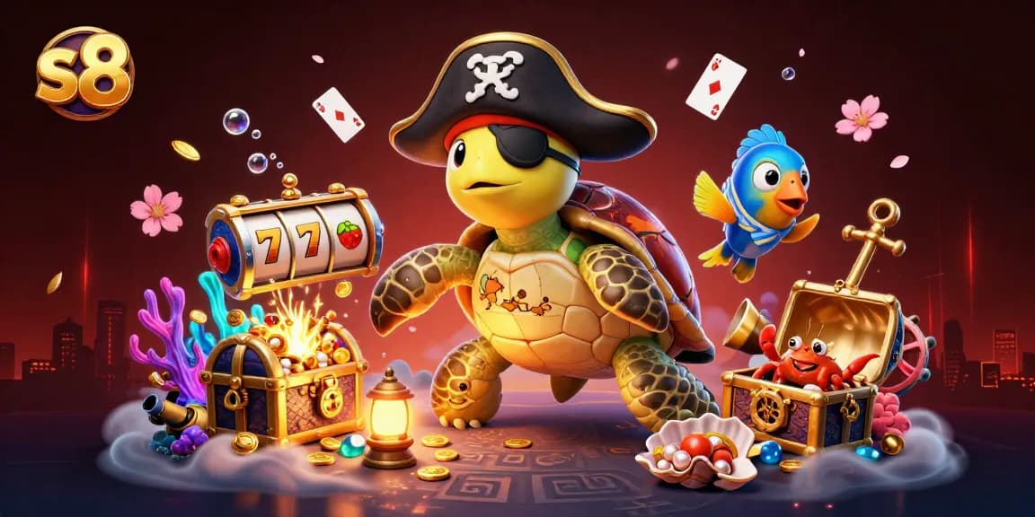 S8 platform showcases a 3D cartoon pirate turtle exploring vibrant underwater treasure while winning slots