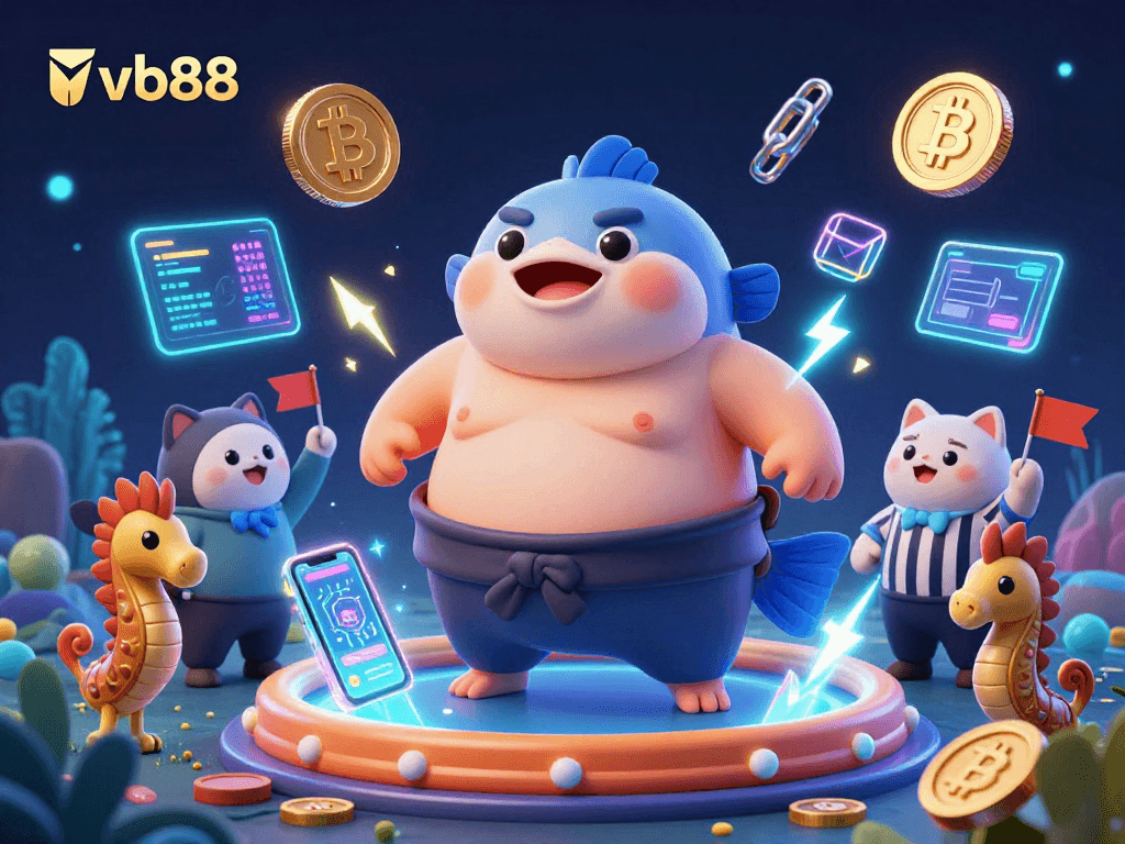 Engage with vb88's vibrant underwater casino featuring a fugu blowfish in a sumo belt, catfish referee, and crypto elements.