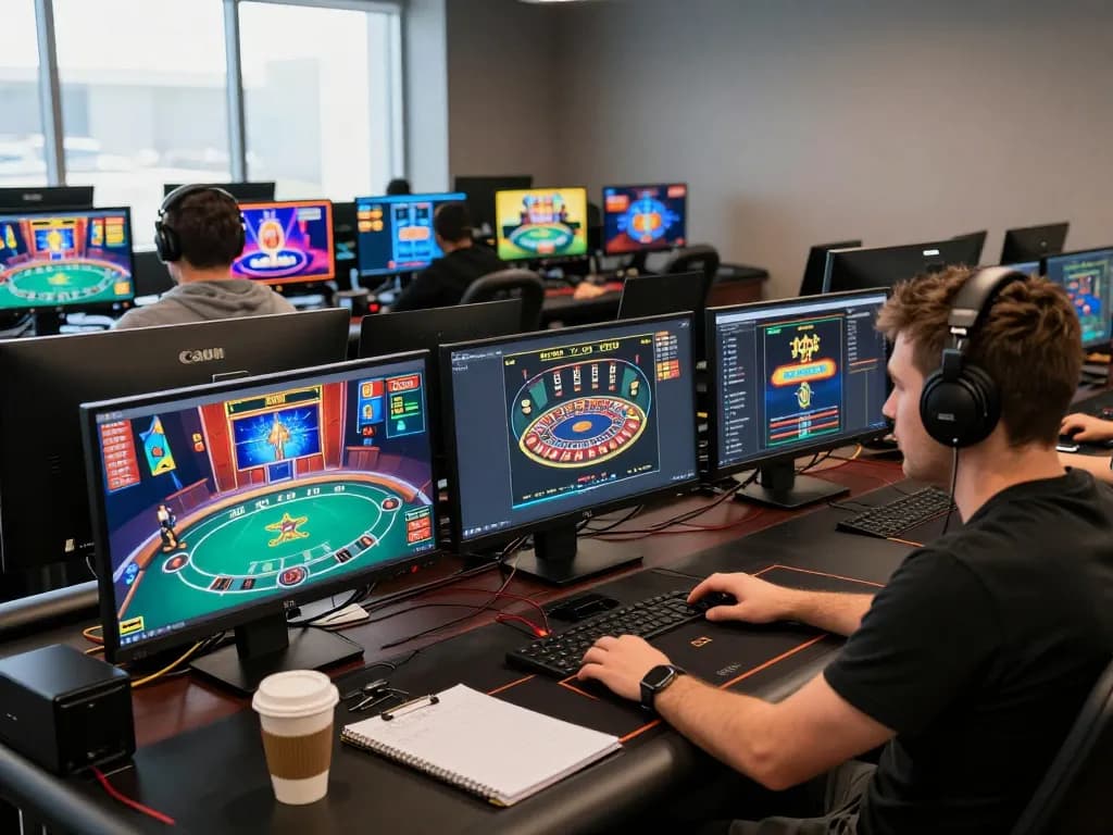 Engage in online casino gameplay at fc88 with multiple games showcased on screens.