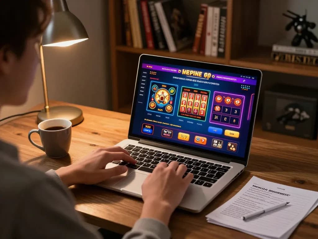 KJC player analyzing online casino strategies on a laptop in a cozy room setting.