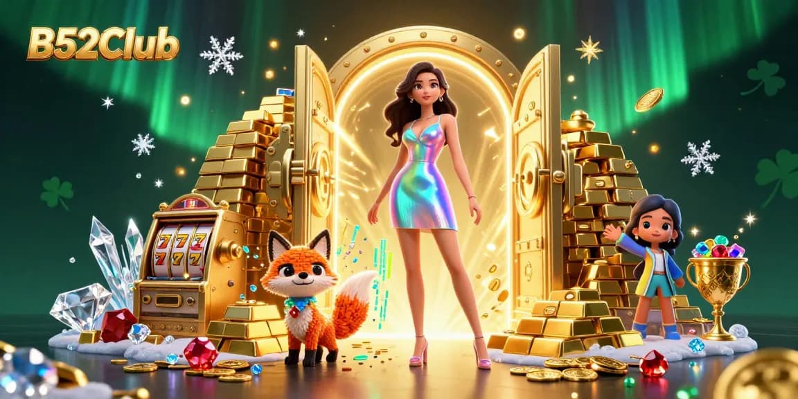 B52Club showcases vibrant online casino excitement with a dazzling woman and a playful digital fox amidst rich treasures and slot machines.