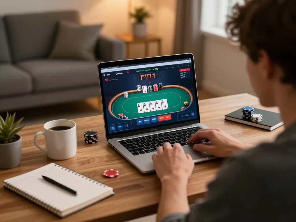 RR88 player engaged in strategic online poker session at home, showcasing immersive gaming setup.