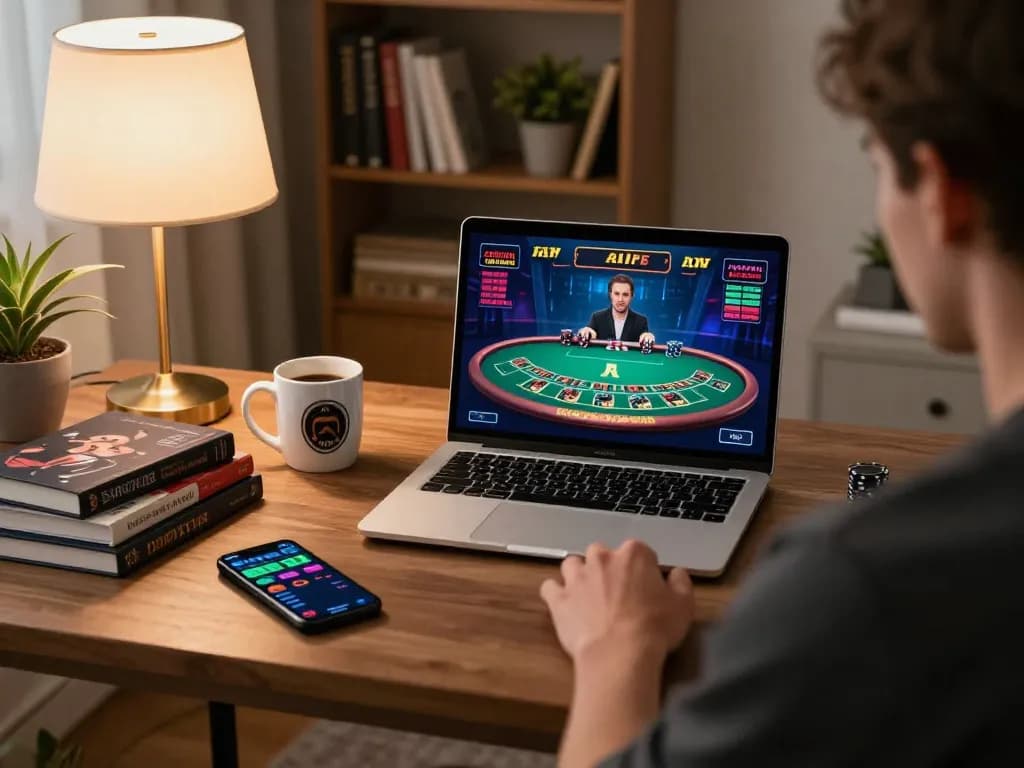 Engaged player at https://sv368com.biz/ enjoying live dealer blackjack in a stylish home office.