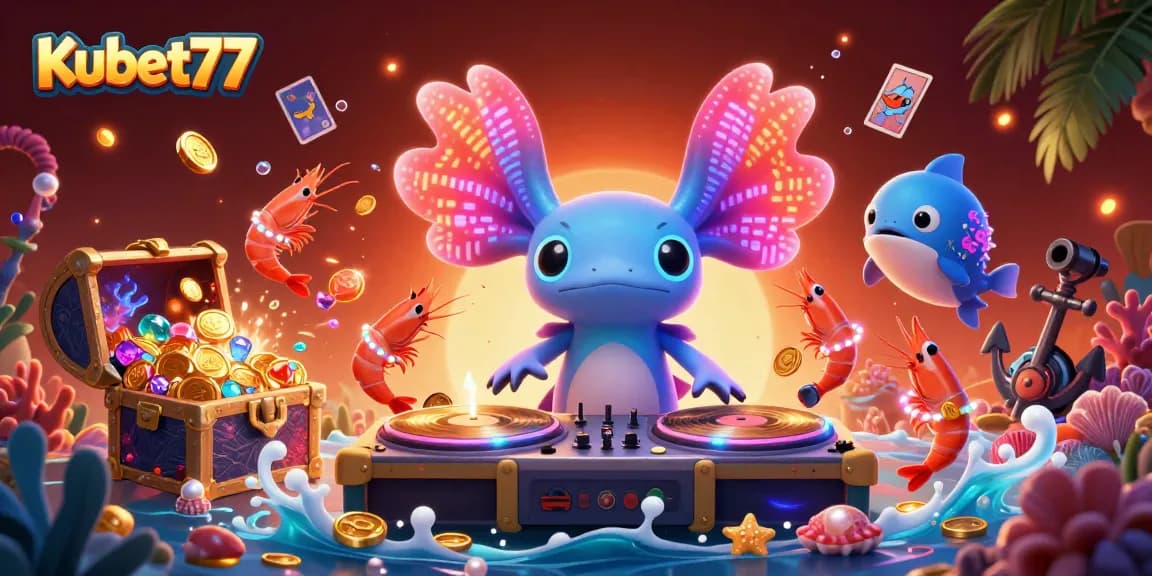 Kubet77 ignites the celebration with a vibrant underwater casino scene filled with fun characters and exciting game elements.