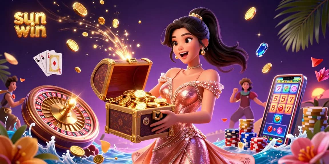 Experience thrilling wins at sun win with a vibrant digital casino scene filled with treasures.
