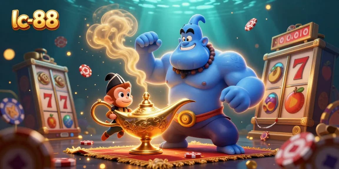 Engage with lc-88's excitement through the vibrant illustration of a magical Genie and thrilling slot elements.