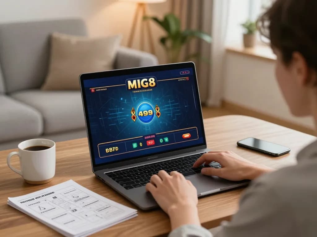 Engaging in thrilling gameplay at mig8 casino with a cozy home setup, featuring live dealer action.