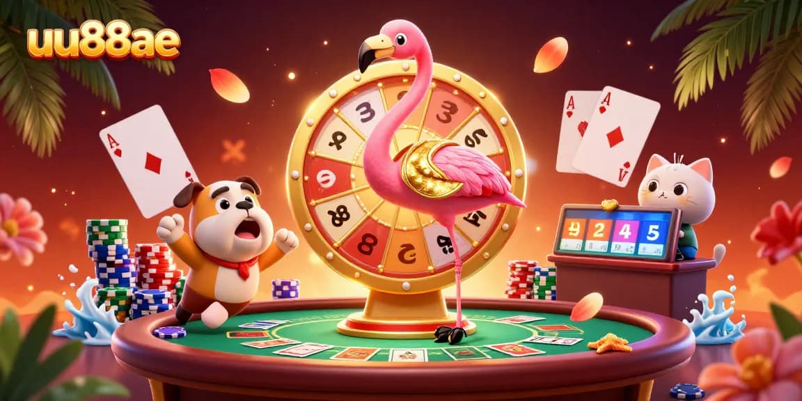 Exciting scene of a gambling game show with the uu88ae brand logo, showcasing vibrant characters and casino elements.