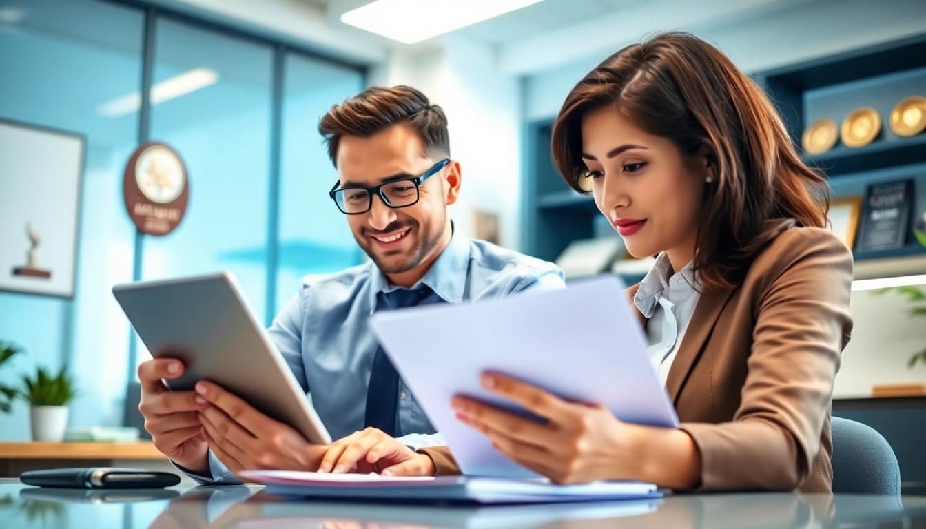 Headhunter Schweiz überprüft Bewerbungen und führt Interviews in einem modernen Büro.