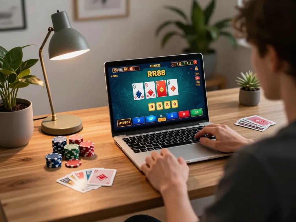 Player enjoying RR88 games on laptop with poker chips and cards at cozy gaming setup