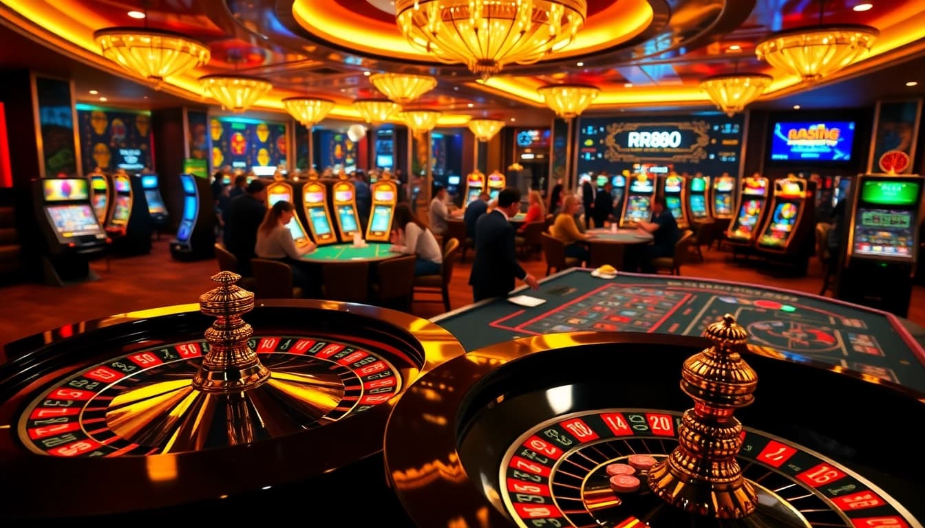 Exciting gambling scene featuring rr88 58k promotion with roulette and poker tables.