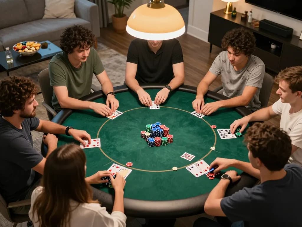 Players strategizing in a home poker game, showcasing 33Win luxury in a cozy setting filled with excitement.