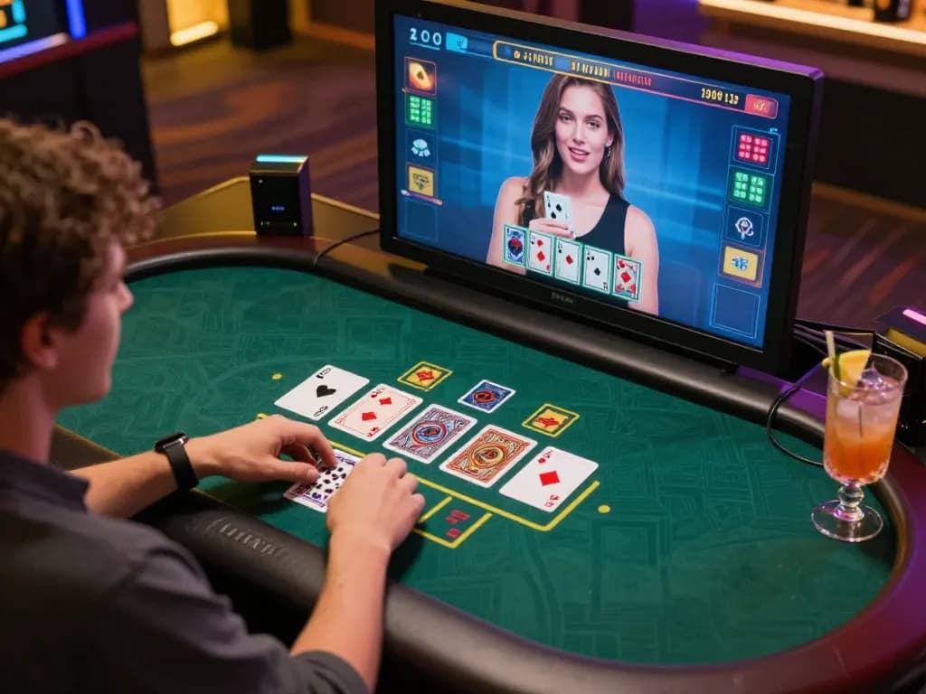 Engaged player strategizing in a blackjack game on s666no1 platform with cards and accessories
