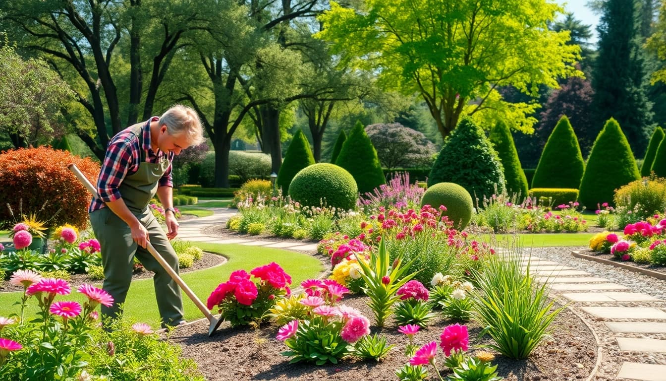 Gartenbauer pflegt einen farbenfrohen Garten mit Pflanzen und Blumen.