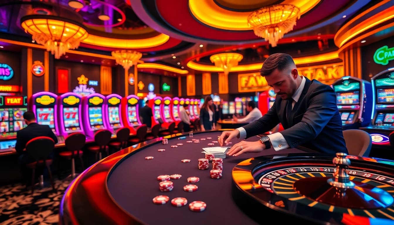 Players engaging in thrilling games at https://www.superslot365.net/ with exciting slot machines and vibrant atmosphere.