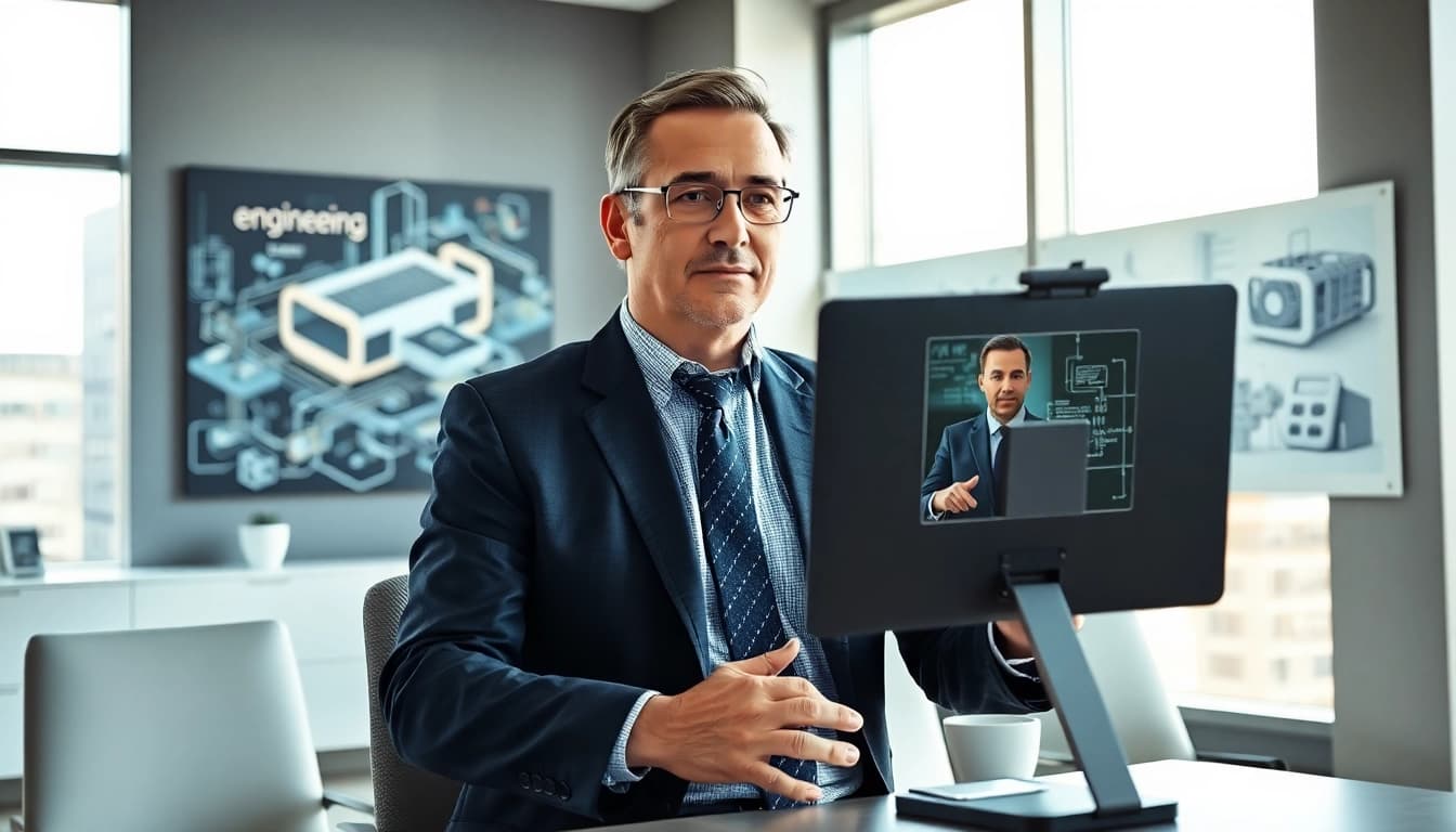 Headhunter Ingenieure in einem modernen Büro, während er einen Videoanruf führt und Professionalität ausstrahlt.