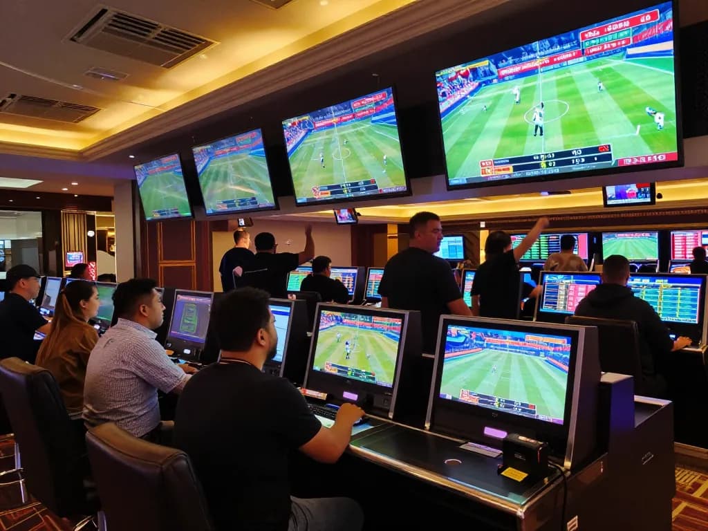 Engaged bettors placing wagers at LC88's modern sportsbook, vibrant atmosphere of excitement.