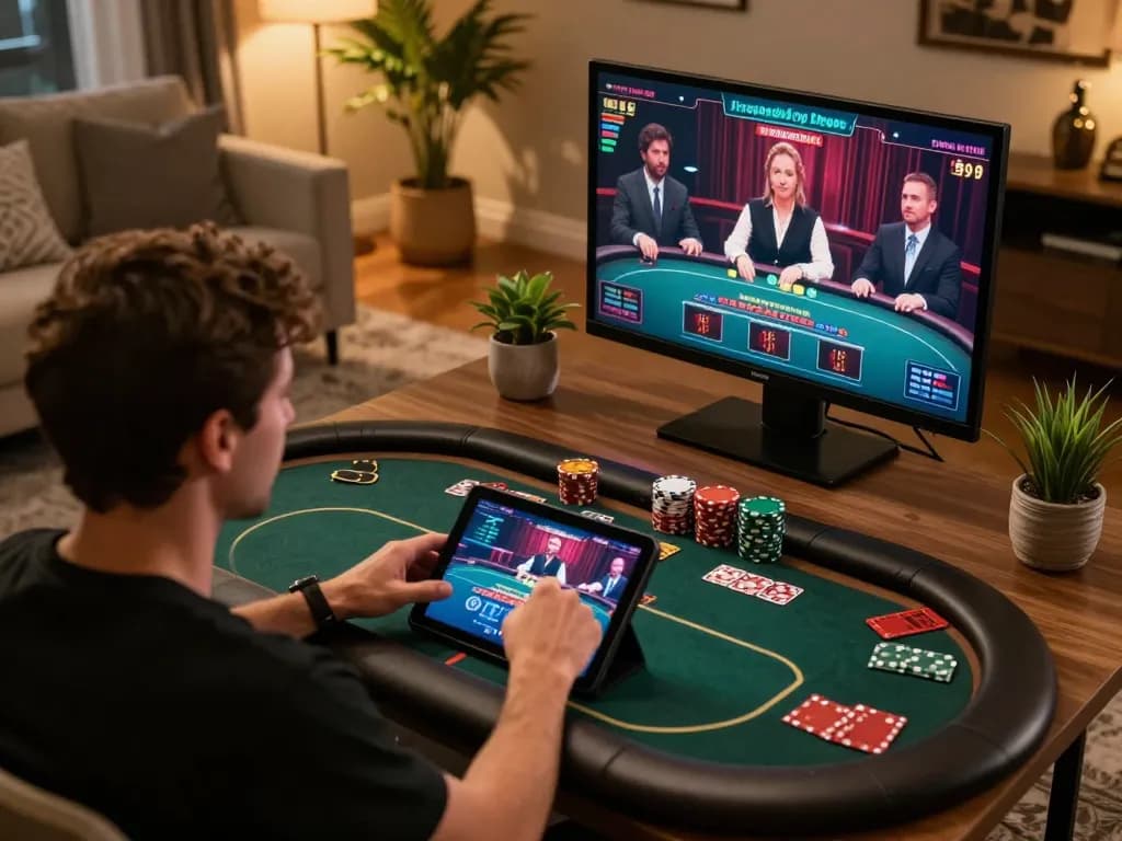 23WIN player engaged in an exciting online poker game with colorful interface and ambient home setting