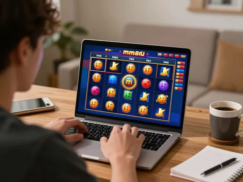 Engaging gameplay showing nổ hũ mm88 online slot game interface on a laptop, highlighting winning symbols and jackpot excitement.