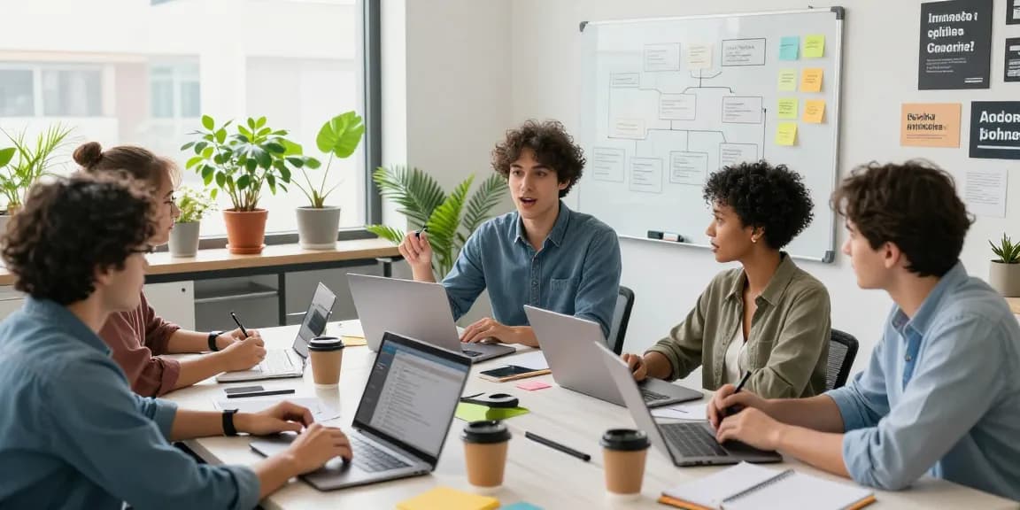 Build internal tools with AI in a collaborative office setting with a diverse team discussing software solutions.