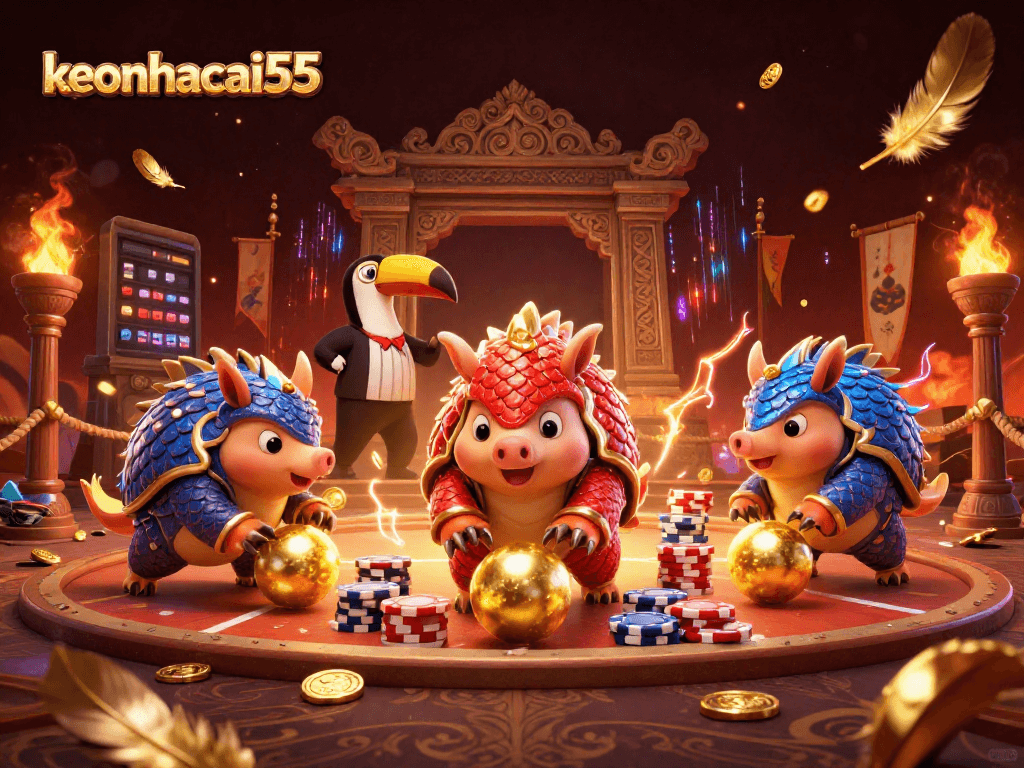 Engage with keonhacai55 in an exciting scene of rival pangolins competing in a vibrant casino.