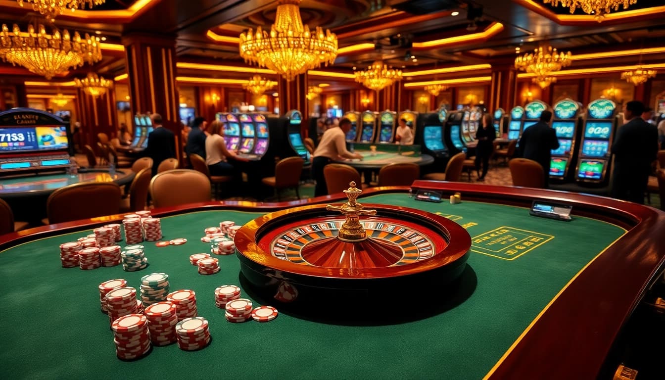 Experimentează adrenalina cazinourilor online Germania cu mese de joc luxoase, prezentând fichițe de poker vibrante și roți de ruletă.