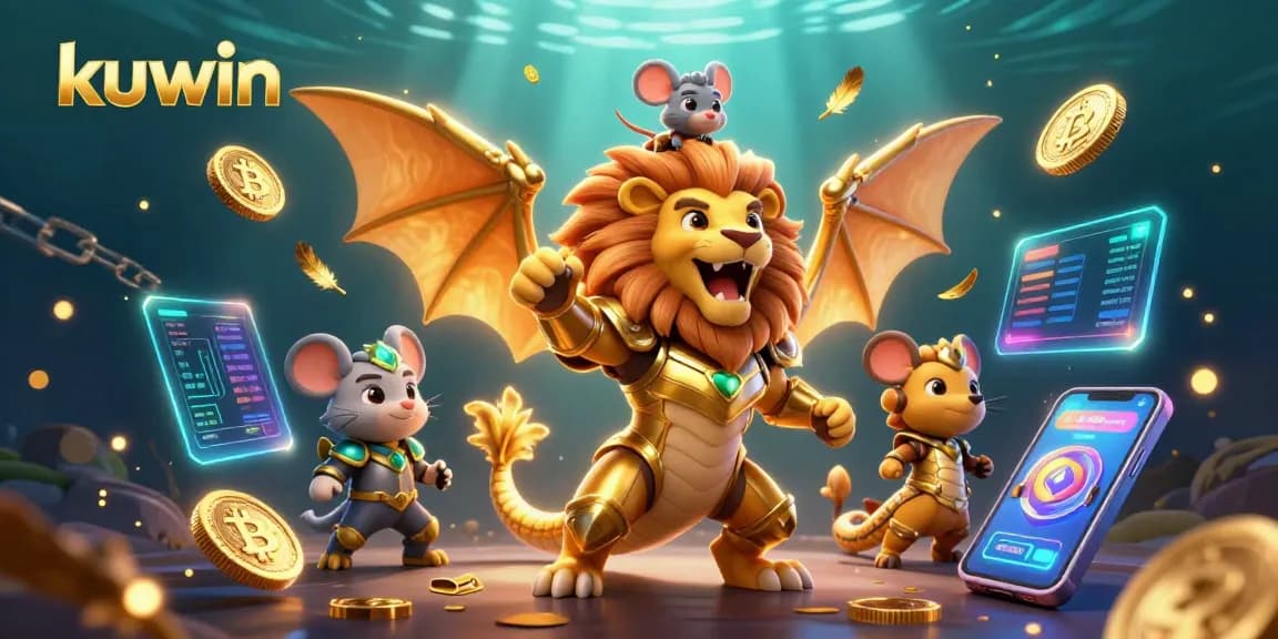 Kuwin players celebrating a jackpot with 3D chimera, crypto coins, and vibrant casino elements.