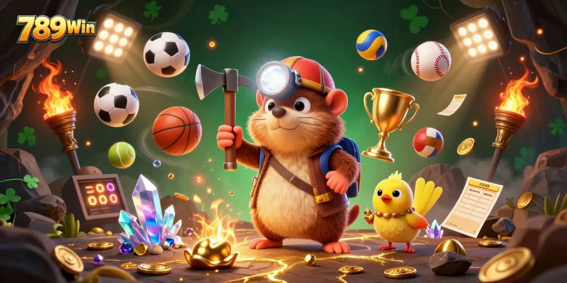Engage with thrilling betting at 789Win featuring a vibrant 3D illustration of a treasure hunter mole and dynamic sports elements.