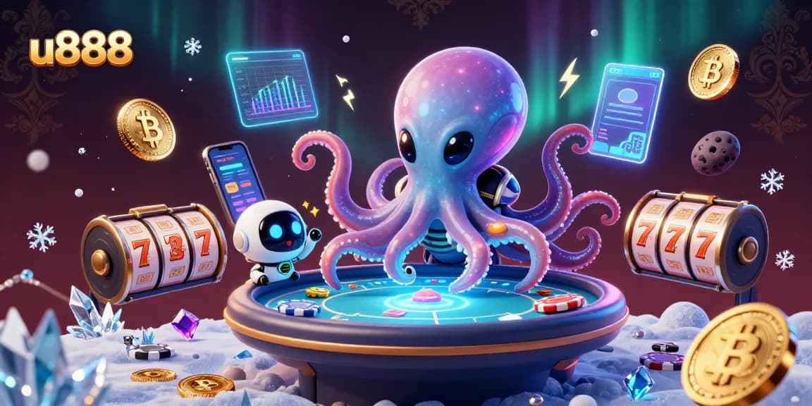 Play exciting games at u888 with an alien octopus and a robot in a neon casino!