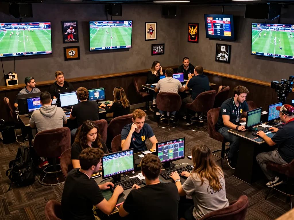 Excited bettors engaging in sports betting at fabet, interactive screens displaying live events with dynamic atmosphere.