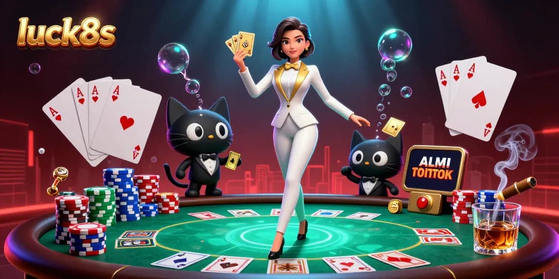 Experience the thrill of poker at luck8s with a stylish dealer and charming cartoon cat.