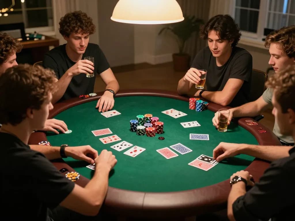 Friends engaged in poker strategy at home during a game night featuring VA88