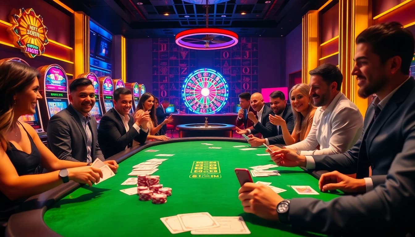 Players engaging in thrilling casino action at an okwin-themed poker table amidst vibrant slot machines.