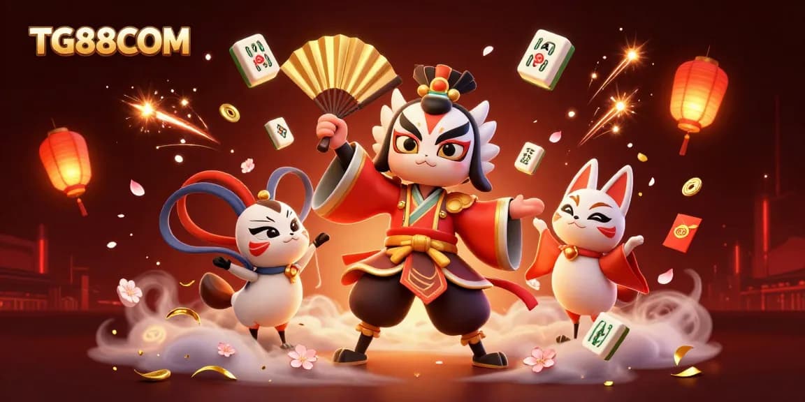 Experience fortune with TG88COM in this vibrant 3D casino illustration featuring kabuki warriors and festive elements.