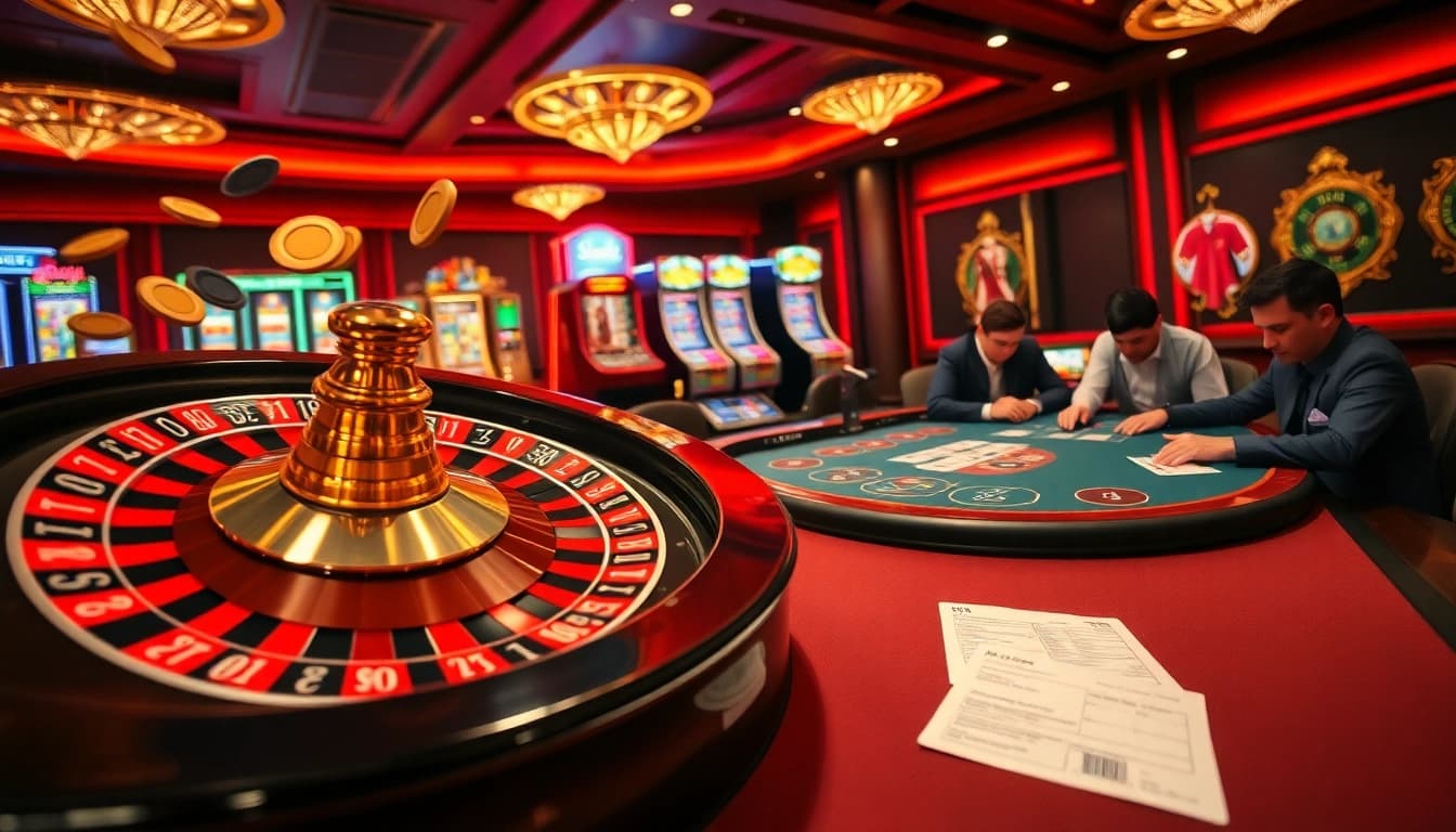 Experience high-stakes gaming with SV66 at a vibrant casino table featuring roulette and poker.