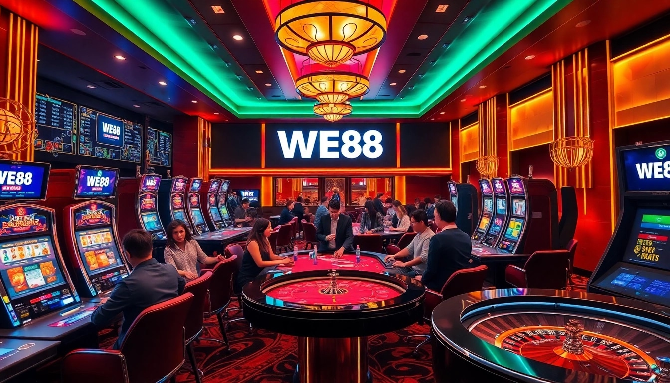 Players enjoying a high-stakes game environment with WE88 branding integrated into a luxurious casino scene.