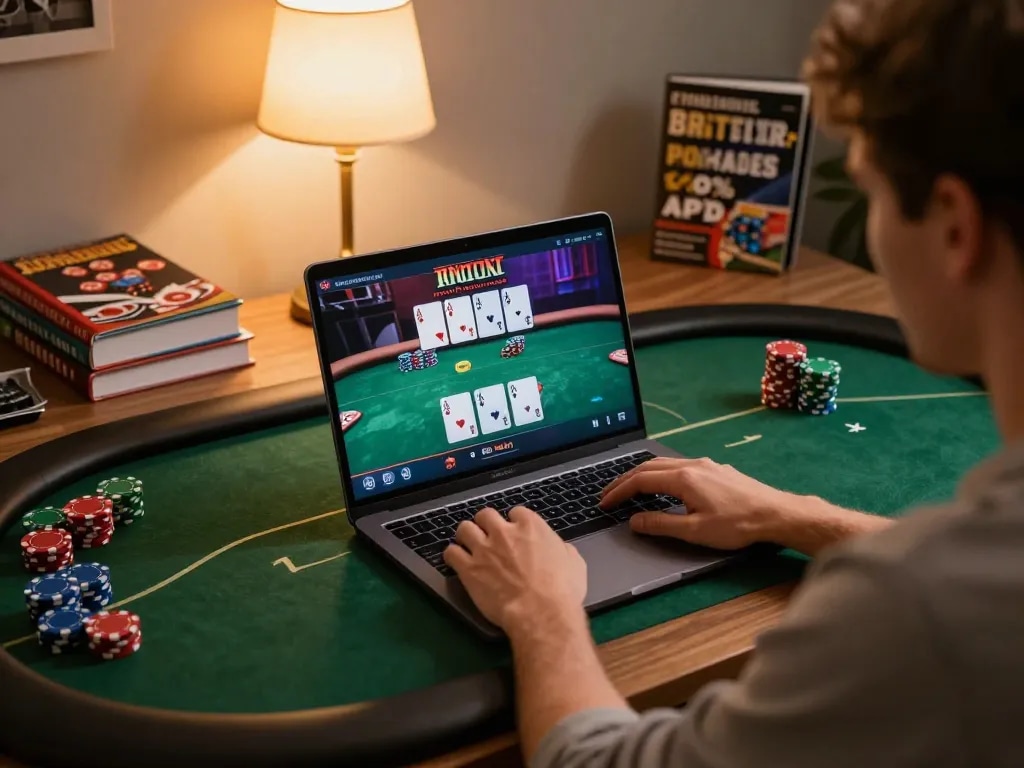 Engaged player strategizing with 33winn online poker game on laptop in cozy home setup.