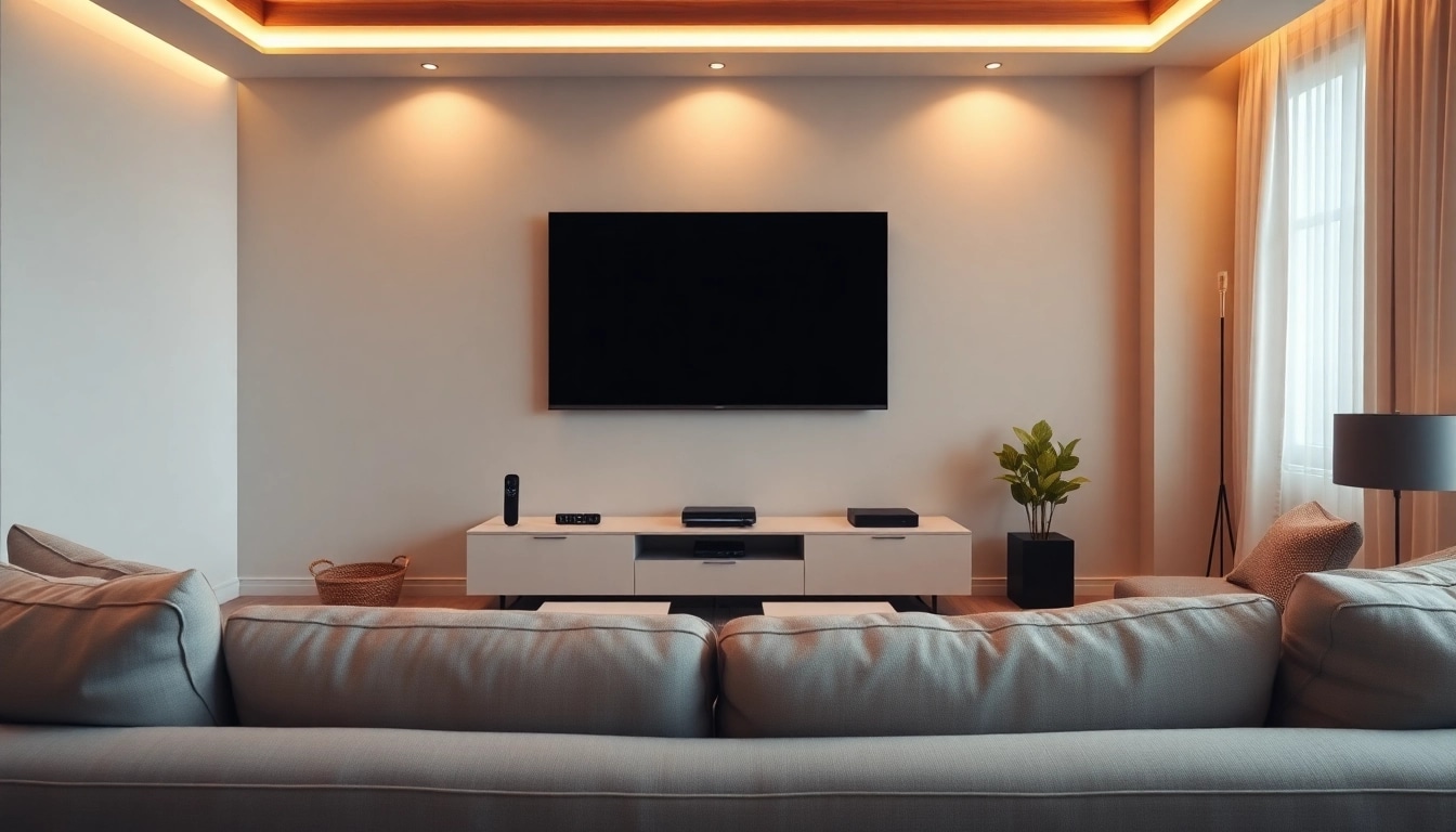 Genießen Sie IPTV in einem eleganten Wohnzimmer mit modernem TV und Sofa.