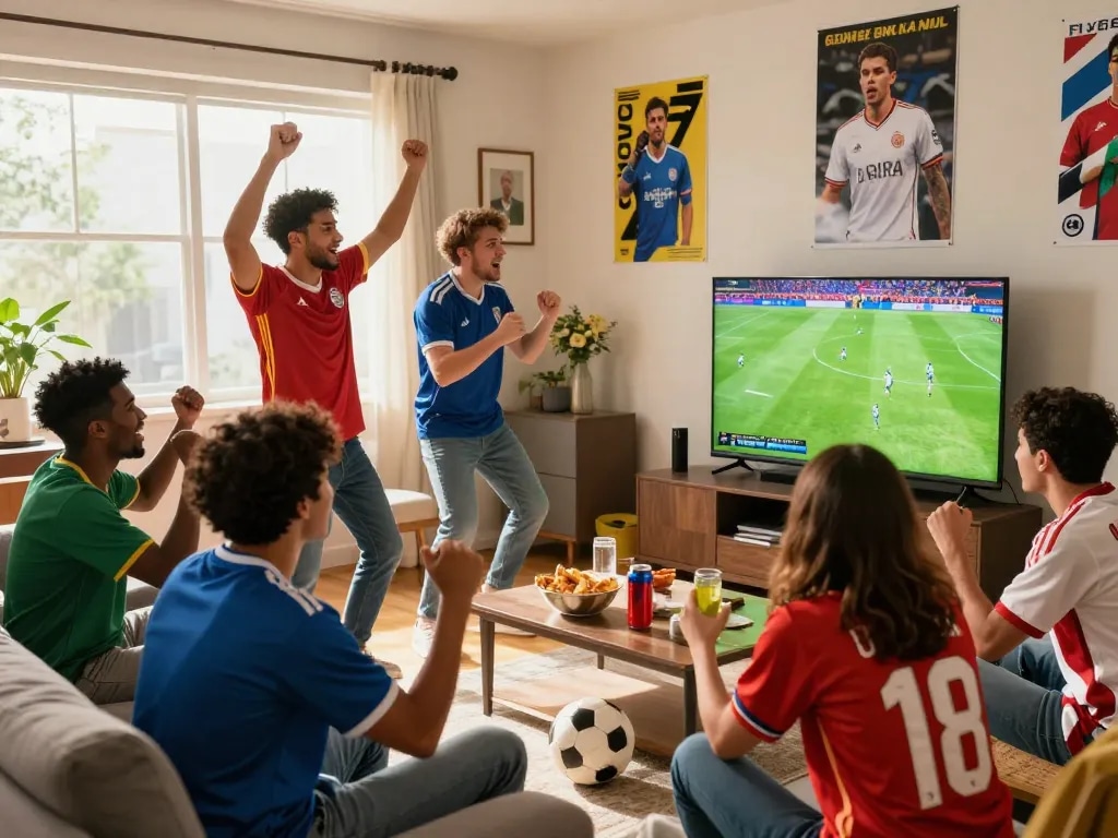 Lương Sơn TV football fans celebrating in a lively living room while watching a live match, creating an energetic and inviting atmosphere.