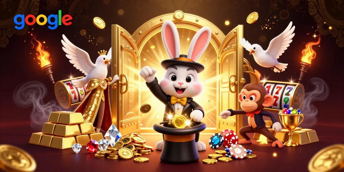 Experience the magic with google at this vibrant casino scene featuring a playful rabbit and treasures.