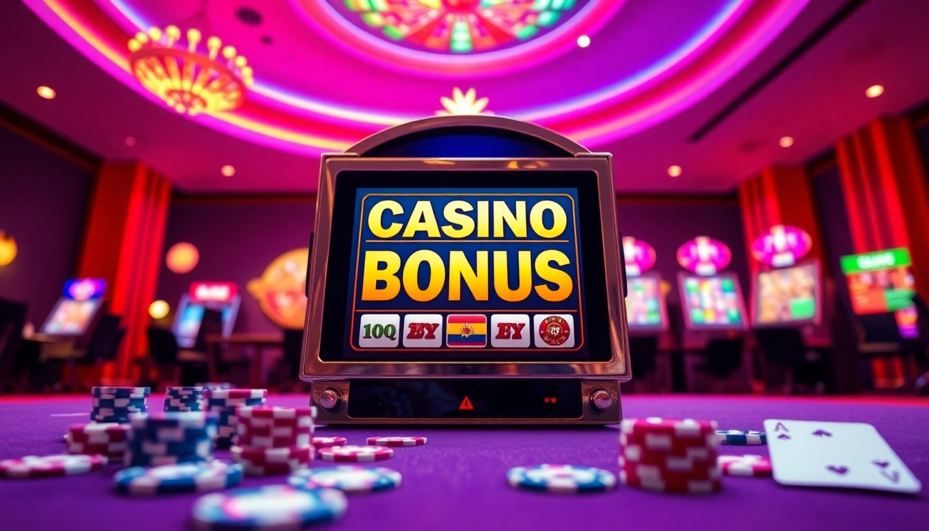 Engaging illustration of a casino bonus banner on a digital slot machine, inviting users to discover exciting offers.