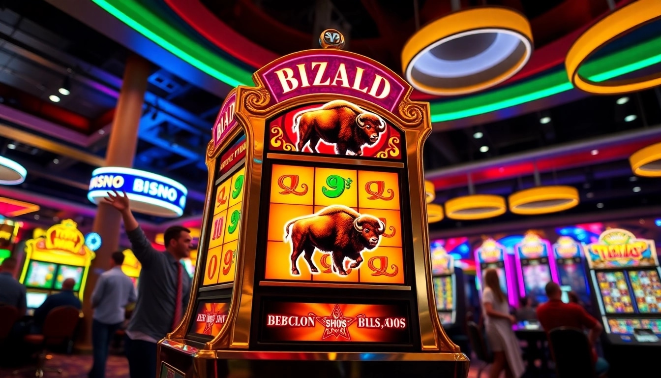 Spiele play bison an einem glänzenden Spielautomaten im Casino mit fröhlichen Spielern.