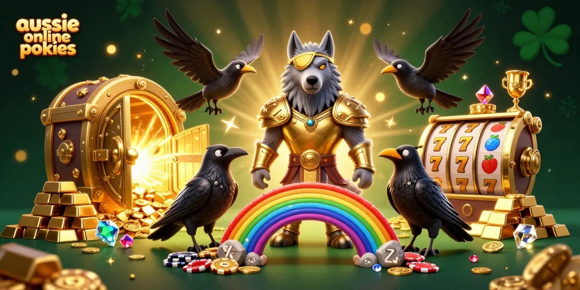 Engage in aussie online pokies amidst golden treasures and mythological characters in a vibrant casino scene.