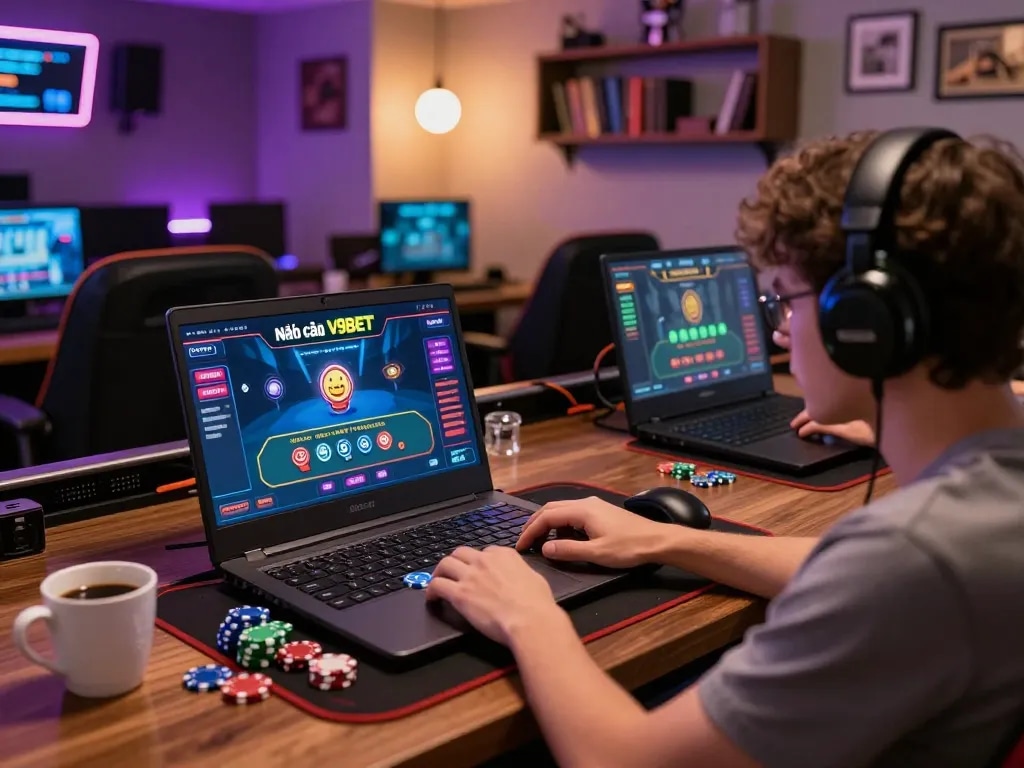 Intense gaming at Nhà cái V9BET with live dealer action on laptop