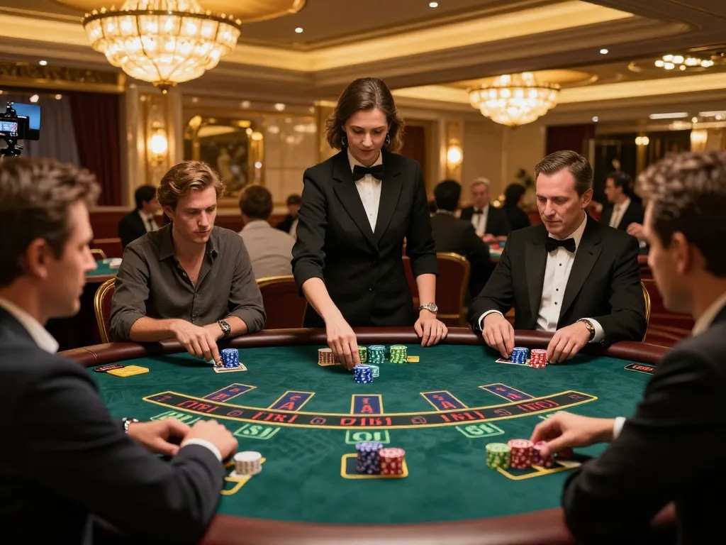 Players enjoying an engaging blackjack game at 79kingt1 casino, showcasing bets and dealer interaction.